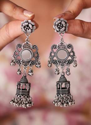 Oxidized jhumki earrings with mirror work 1