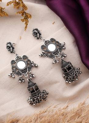 Oxidized jhumki earrings with mirror work 2
