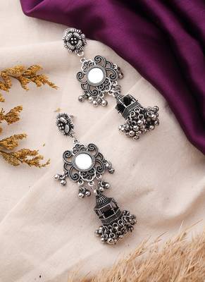 Oxidized jhumki earrings with mirror work 3