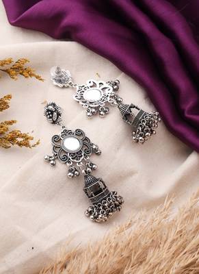 Oxidized jhumki earrings with mirror work 4