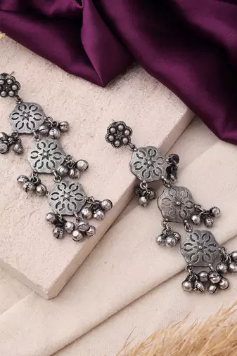 Oxidized Earrings with Ghungroo and Intricate Floral Designs for Navratri