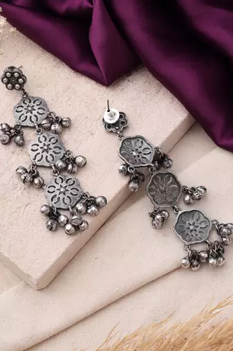 Oxidized Earrings with Ghungroo and Intricate Floral Designs for Navratri