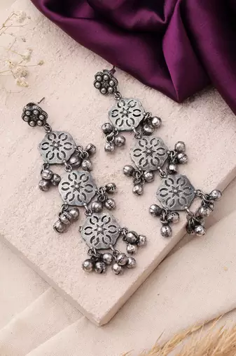 Oxidized Earrings with Ghungroo and Intricate Floral Designs for Navratri