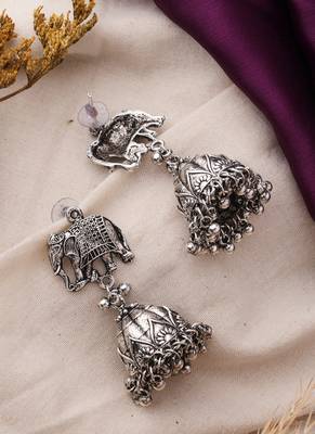 Oxidized Jhumki Earrings with Elephant Motif for Navratri 2