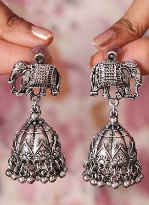 Oxidized Jhumki Earrings with Elephant Motif for Navratri 1