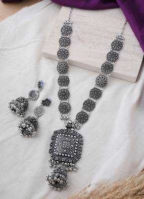 Long chunky oxidized navrati necklace with jhumki earrings 1