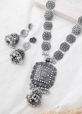 Long chunky oxidized navrati necklace with jhumki earrings 2