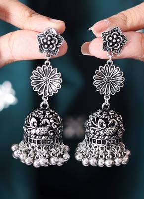 Long chunky oxidized navrati necklace with jhumki earrings 5