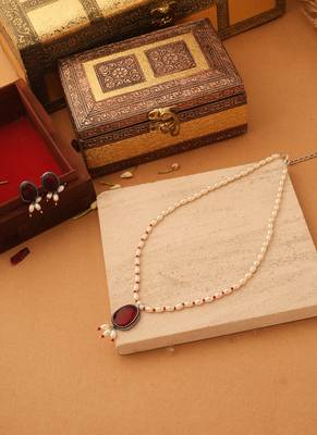 Long Pearl Necklace with Red Pendant Stone 1
