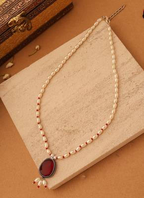 Long Pearl Necklace with Red Pendant Stone 2