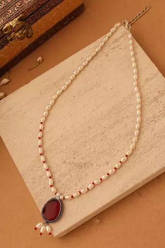 Long Pearl Necklace with Red Pendant Stone