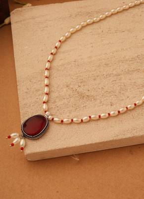 Long Pearl Necklace with Red Pendant Stone 3
