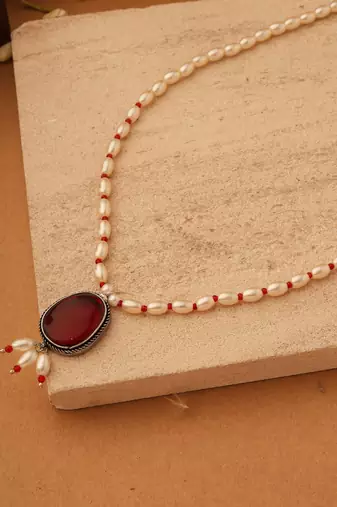 Long Pearl Necklace with Red Pendant Stone