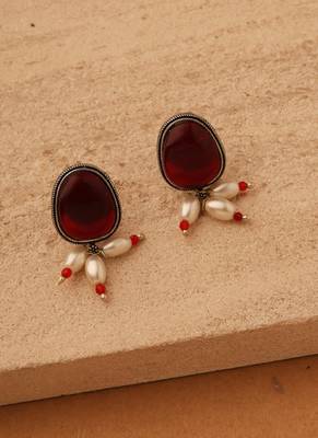 Long Pearl Necklace with Red Pendant Stone 4