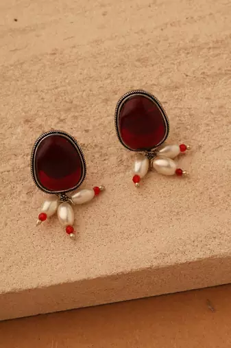 Long Pearl Necklace with Red Pendant Stone