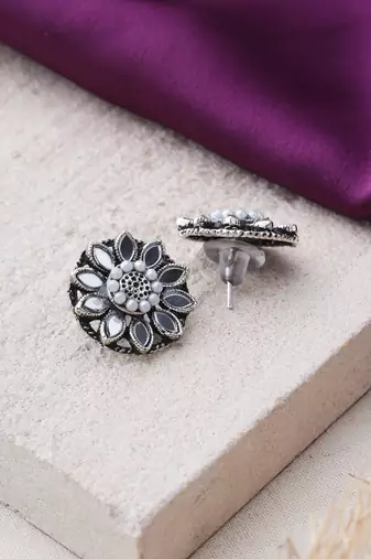 Oxidized Stud Earrings with Mirror Work