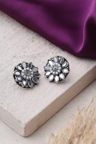Oxidized Stud Earrings with Mirror Work