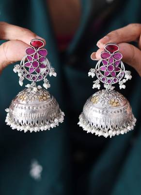 Statement Oxidized Jhumki Earrings with Maroon Stone 1