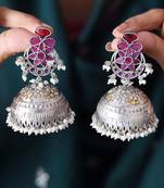 Statement Oxidized Jhumki Earrings with Maroon Stone