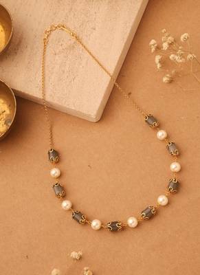 Earthy Elegance: Necklace of Brown Oval Stones and White Circle Pearls 1