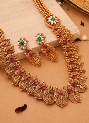 Divine Fusion: Gold-Plated Necklace with Peacock and Lakshmi Motifs 1