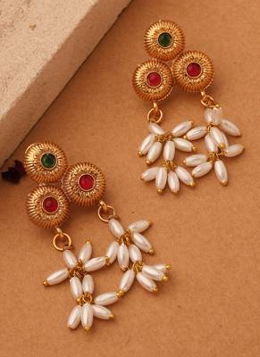 Radiant Reverie: Gold Cup Necklace with Red Stones and White Oval Jhumkis 5