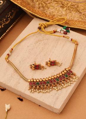 Royal Radiance: Red & Green Stone Necklace with Golden Jhumkis and Bead Accents 1