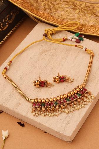 Royal Radiance: Red & Green Stone Necklace with Golden Jhumkis and Bead Accents