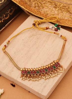 Royal Radiance: Red & Green Stone Necklace with Golden Jhumkis and Bead Accents 2