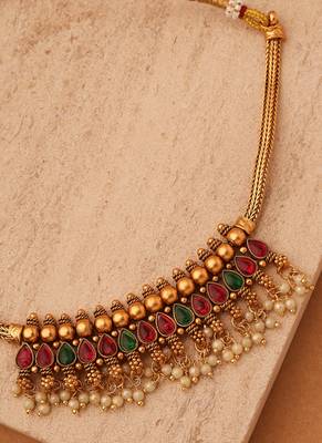 Royal Radiance: Red & Green Stone Necklace with Golden Jhumkis and Bead Accents 3