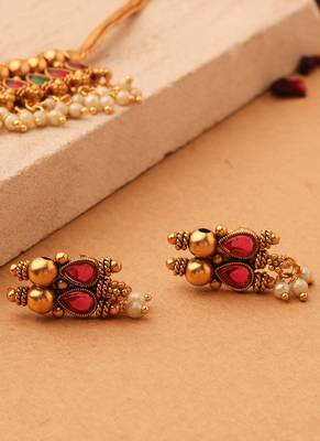 Royal Radiance: Red & Green Stone Necklace with Golden Jhumkis and Bead Accents 4