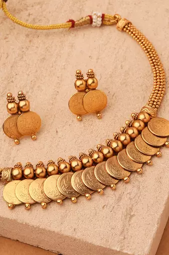 Divine Grace: Gold-Plated Lakshmi Coin Necklace Set with Matching Jhumki Earrings