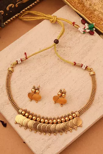 Divine Grace: Gold-Plated Lakshmi Coin Necklace Set with Matching Jhumki Earrings