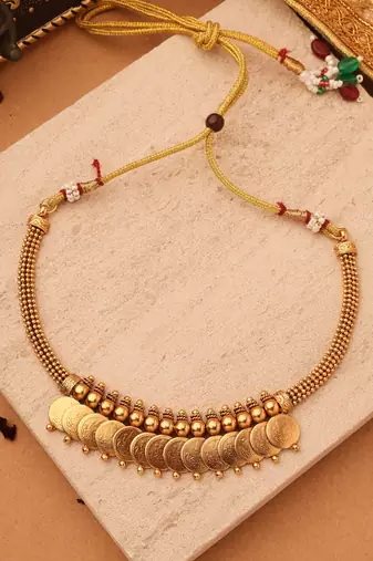 Divine Grace: Gold-Plated Lakshmi Coin Necklace Set with Matching Jhumki Earrings