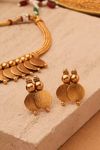 Divine Grace: Gold-Plated Lakshmi Coin Necklace Set with Matching Jhumki Earrings