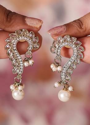 Curved Pearl Earrings with Jhumkis & Transparent Stone Accents 1