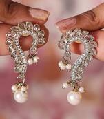 Curved Pearl Earrings with Jhumkis & Transparent Stone Accents