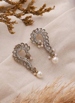Curved Pearl Earrings with Jhumkis & Transparent Stone Accents 2