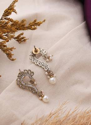 Curved Pearl Earrings with Jhumkis & Transparent Stone Accents 3