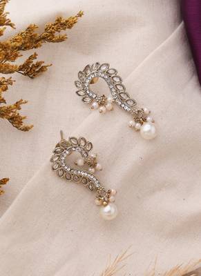 Curved Pearl Earrings with Jhumkis & Transparent Stone Accents 4