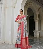 Pink Aparna Style Tussar Blend silk geometric Printed tussle work Saree with Blouse 