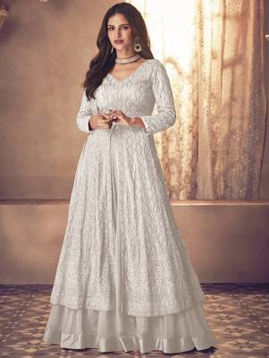 White Georgette Heavy Embroidered Lehenga Kameez 1