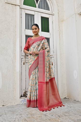 Pink Aparna Style Tussar Blend silk geometric Printed tussle work Saree with Blouse 