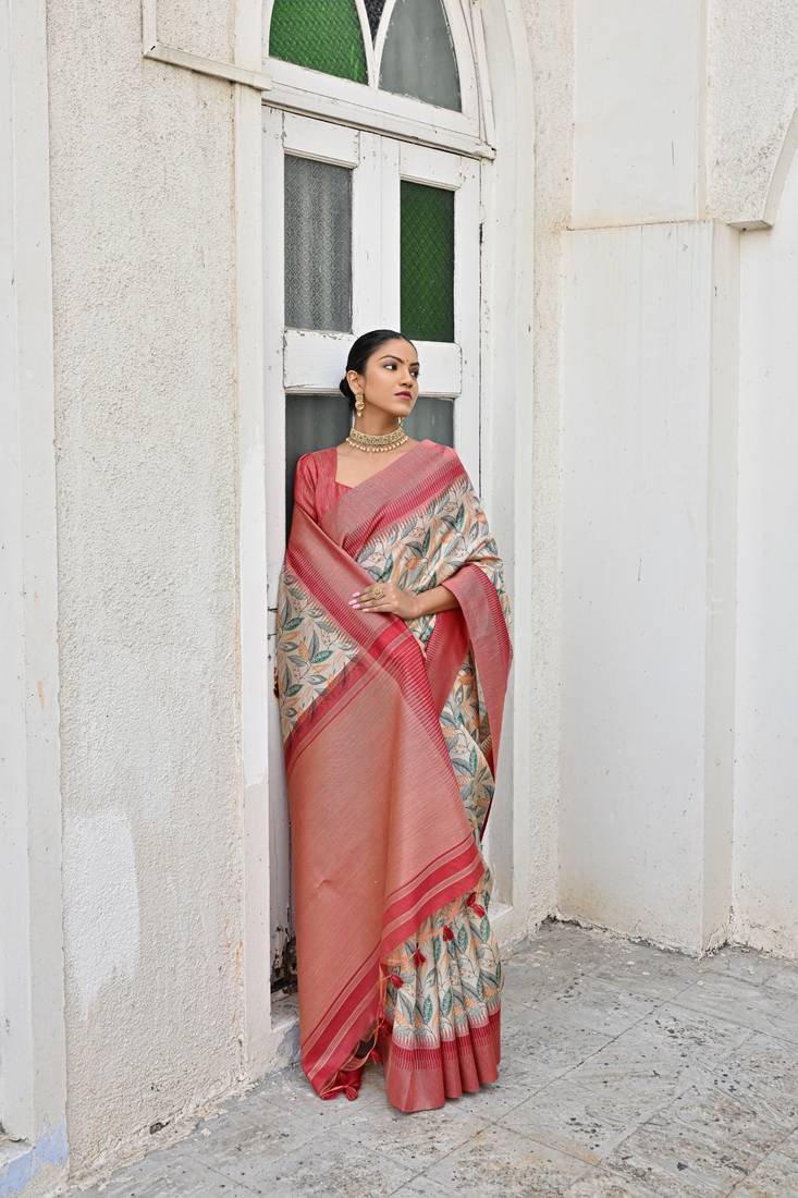 Pink Aparna Style Tussar Blend silk geometric Printed tussle work Saree with Blouse 