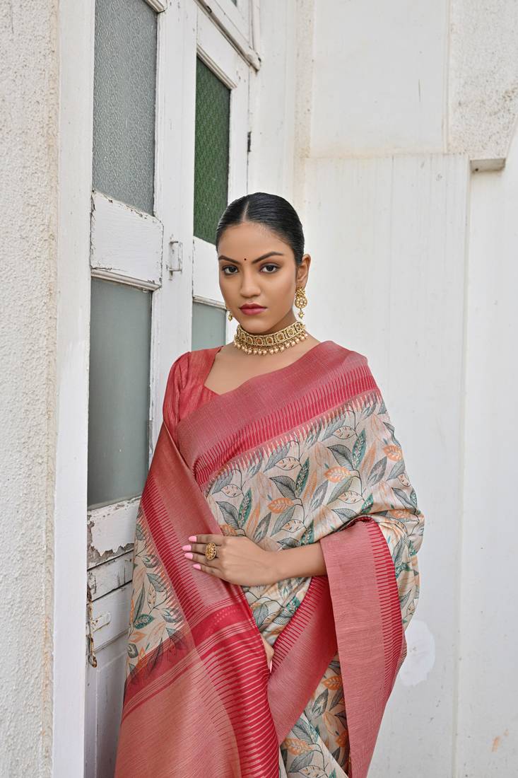 Pink Aparna Style Tussar Blend silk geometric Printed tussle work Saree with Blouse 