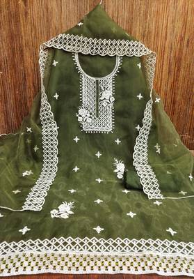Elegant olive organza embroidered dress material with dupatta 1