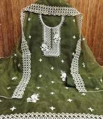 Elegant olive organza embroidered dress material with dupatta