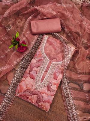 Delicate peach organza sequence dress material with dupatta 1
