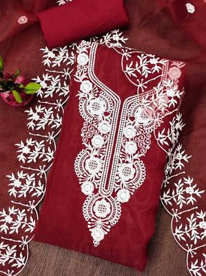 Radiant Red Organza Embroidered Unstitched Dress Material with Dupatta 3
