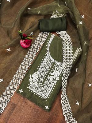 Elegant olive organza embroidered dress material with dupatta 5